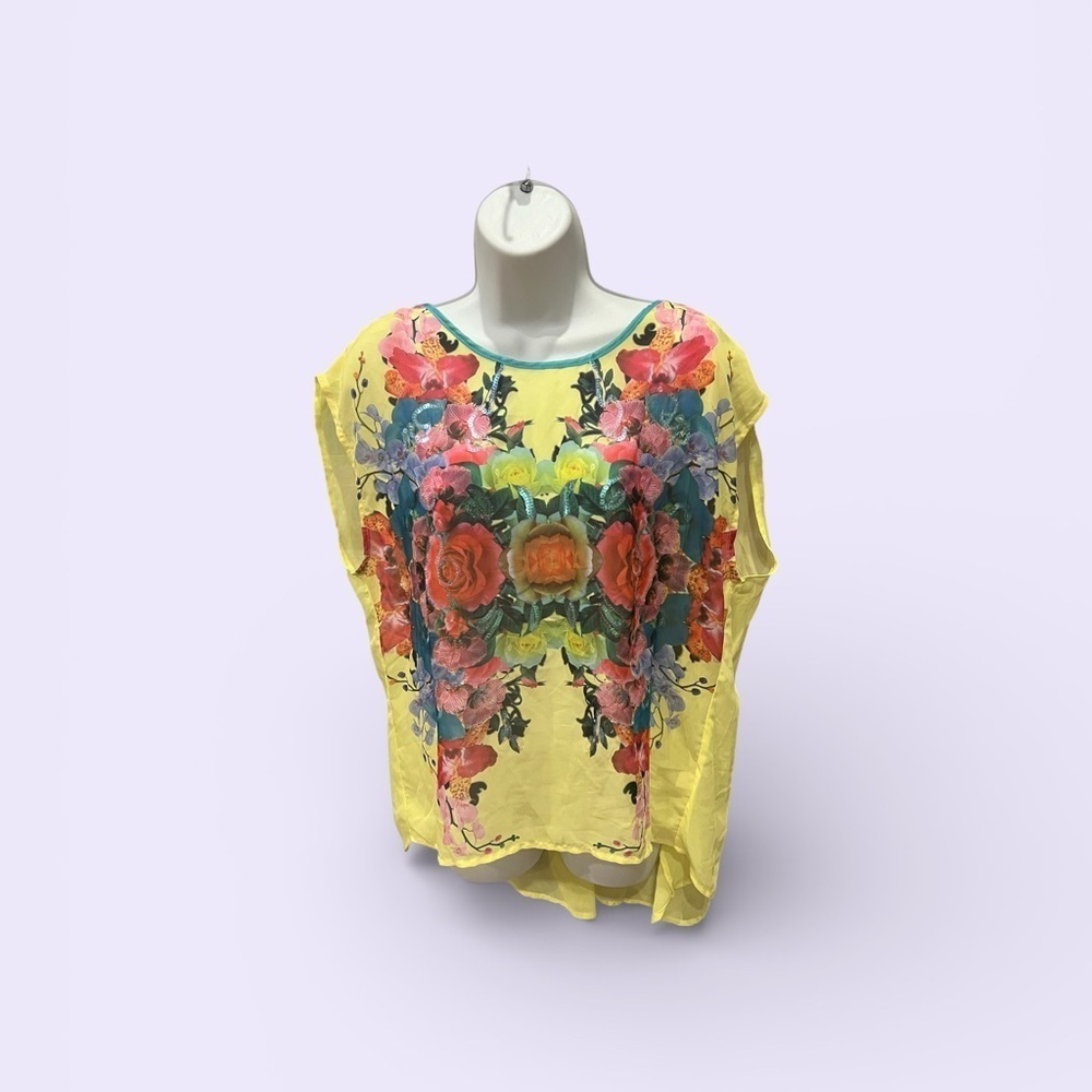 BONGO Women’s Size XL Yellow Floral Blouse – Sheer Short Sleeve